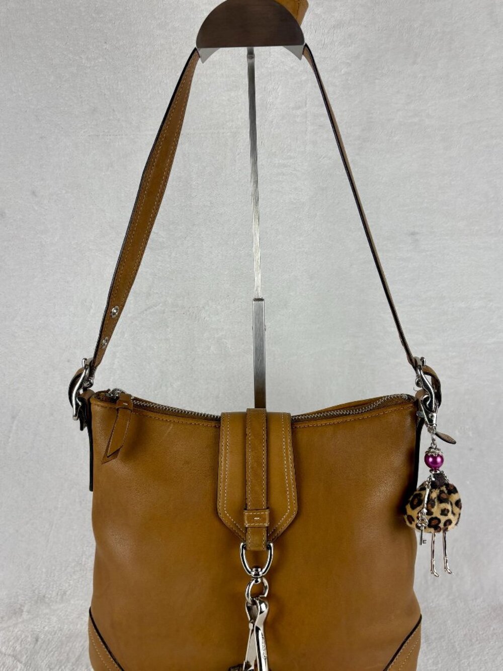 Coach Hampton Slim Flap Clip Hobo Bag in Camel with Scarf and Charm